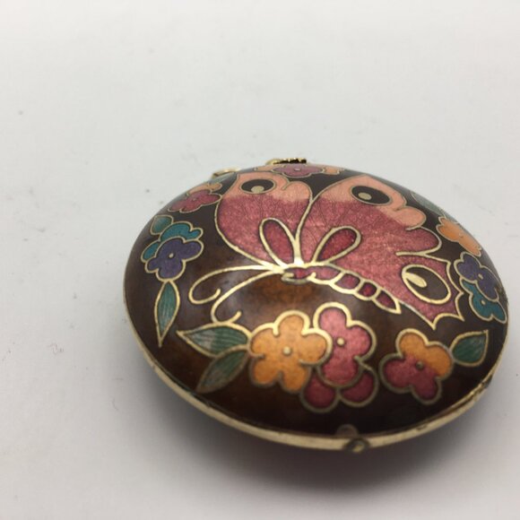 Cloisonne Butterfly Pendant Necklace Black Pink Enamel Puff Double Sided Flowers - Picture 11 of 14